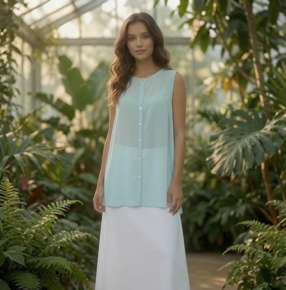 Wynne Layers Sage Green Chiffon Sleeveless Button Front Top Sz M Elegant Tunic